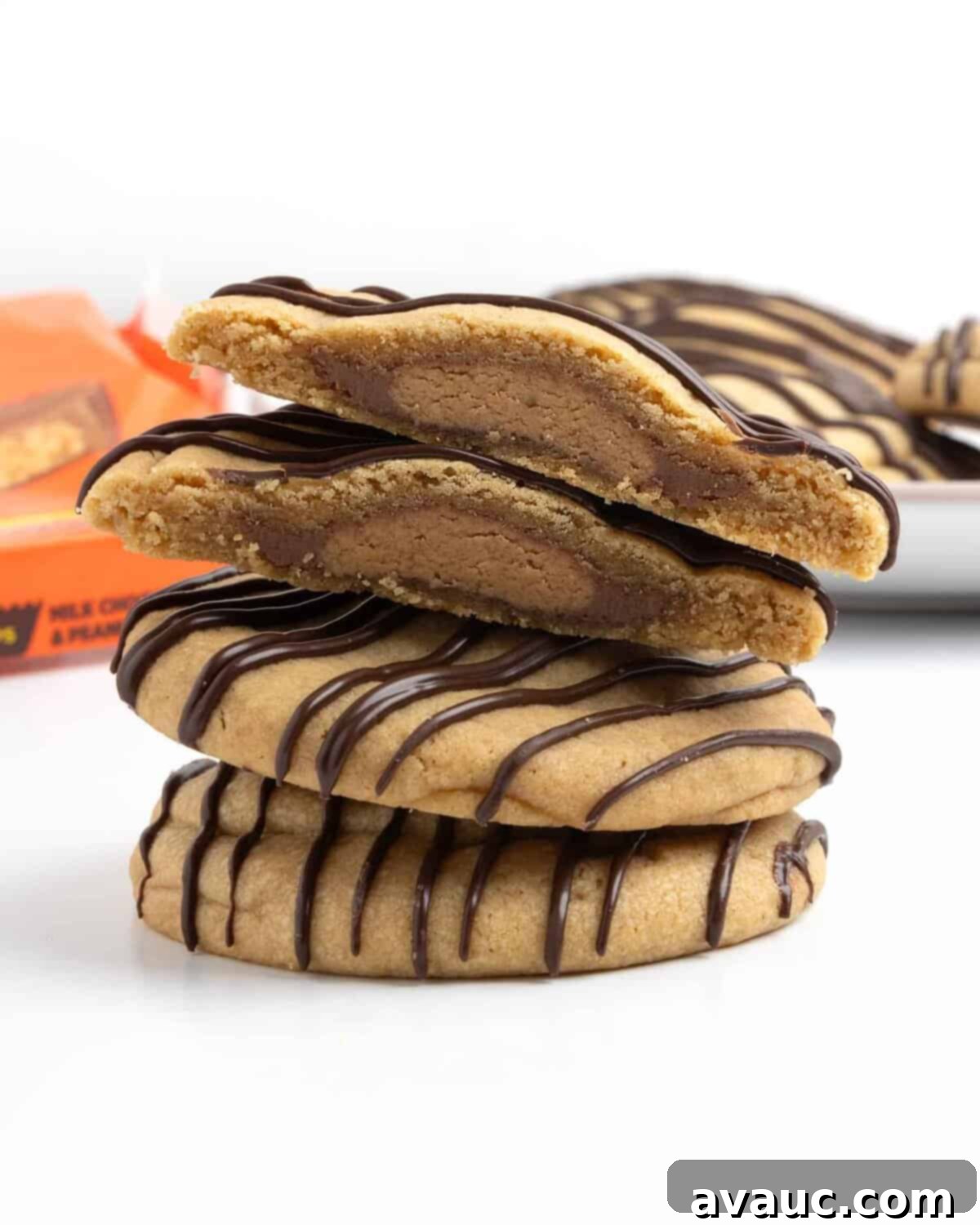 Reese's Peanut Butter Core Cookies 2 Stacked Reese's Cup Cookies, showing the inside with a melted Reese's