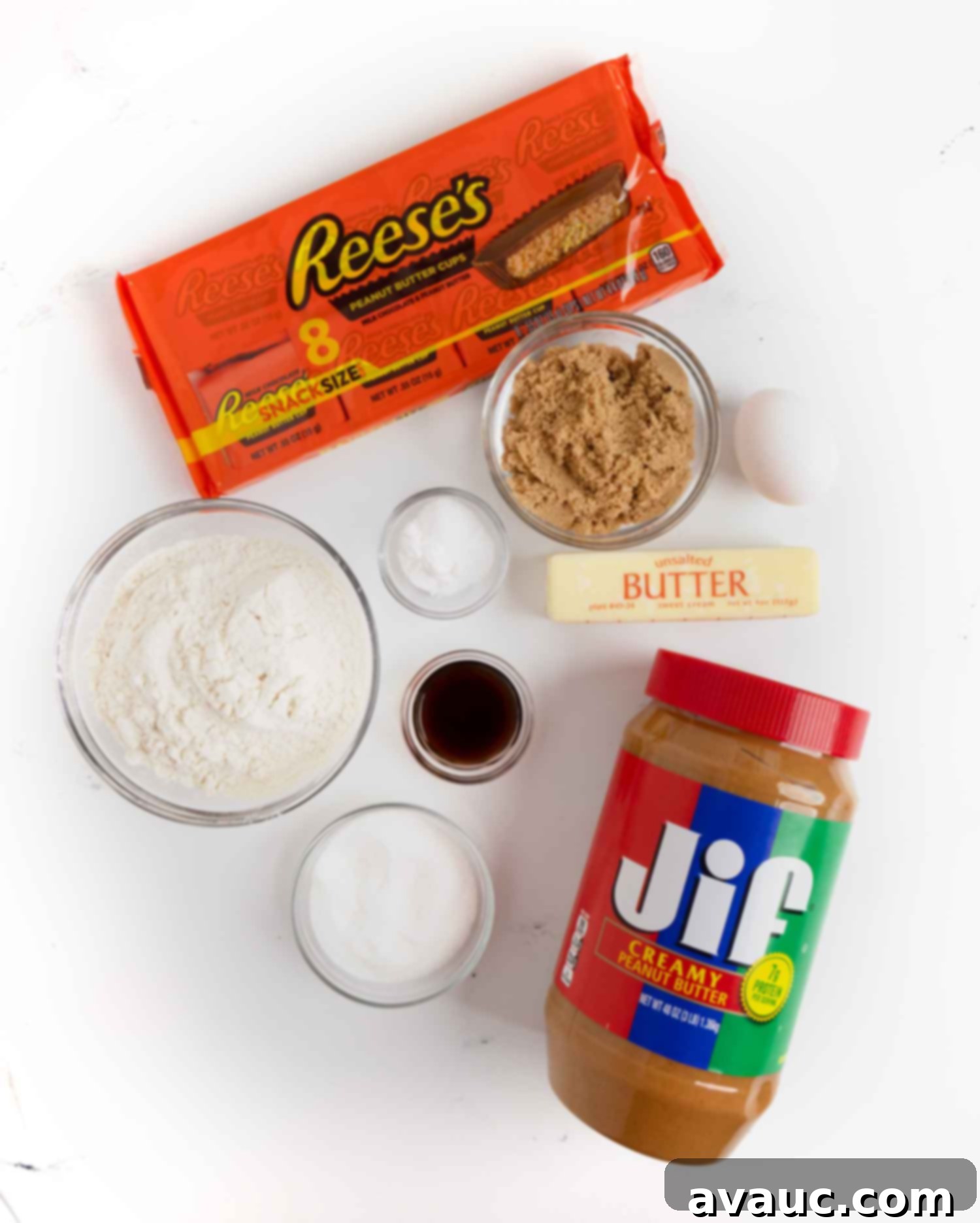 Reese's Peanut Butter Core Cookies 5 All ingredients for stuffed Reese's cup cookies laid out on a surface