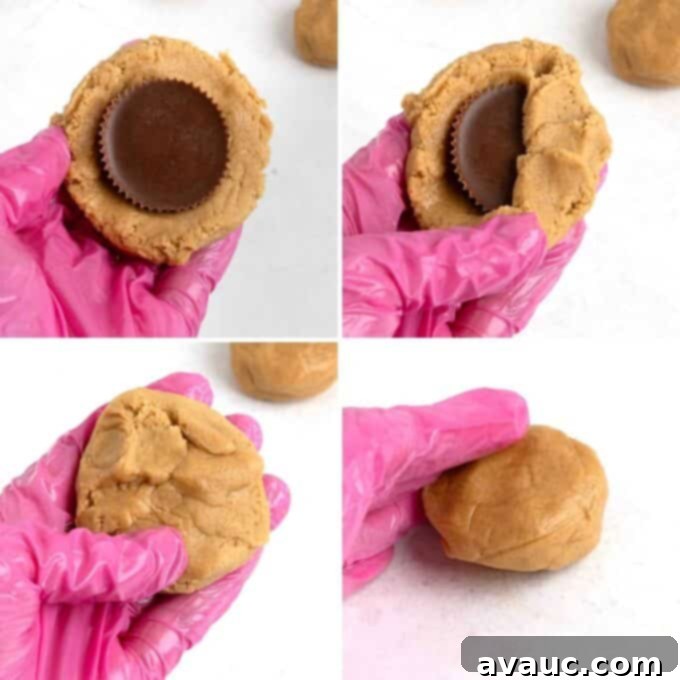 Reese's Peanut Butter Core Cookies 8 Step-by-step photos showing how to stuff cookies with Reese's cups