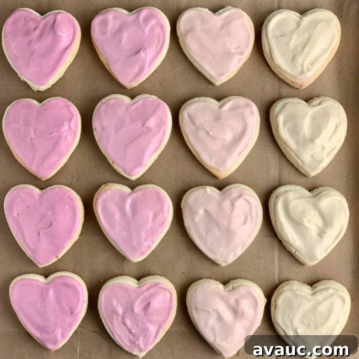Deliciously Soft Gluten and Dairy Free Sugar Cookies 5 Looking down on a few rows of frosted Gluten Free Sugar Cookies.