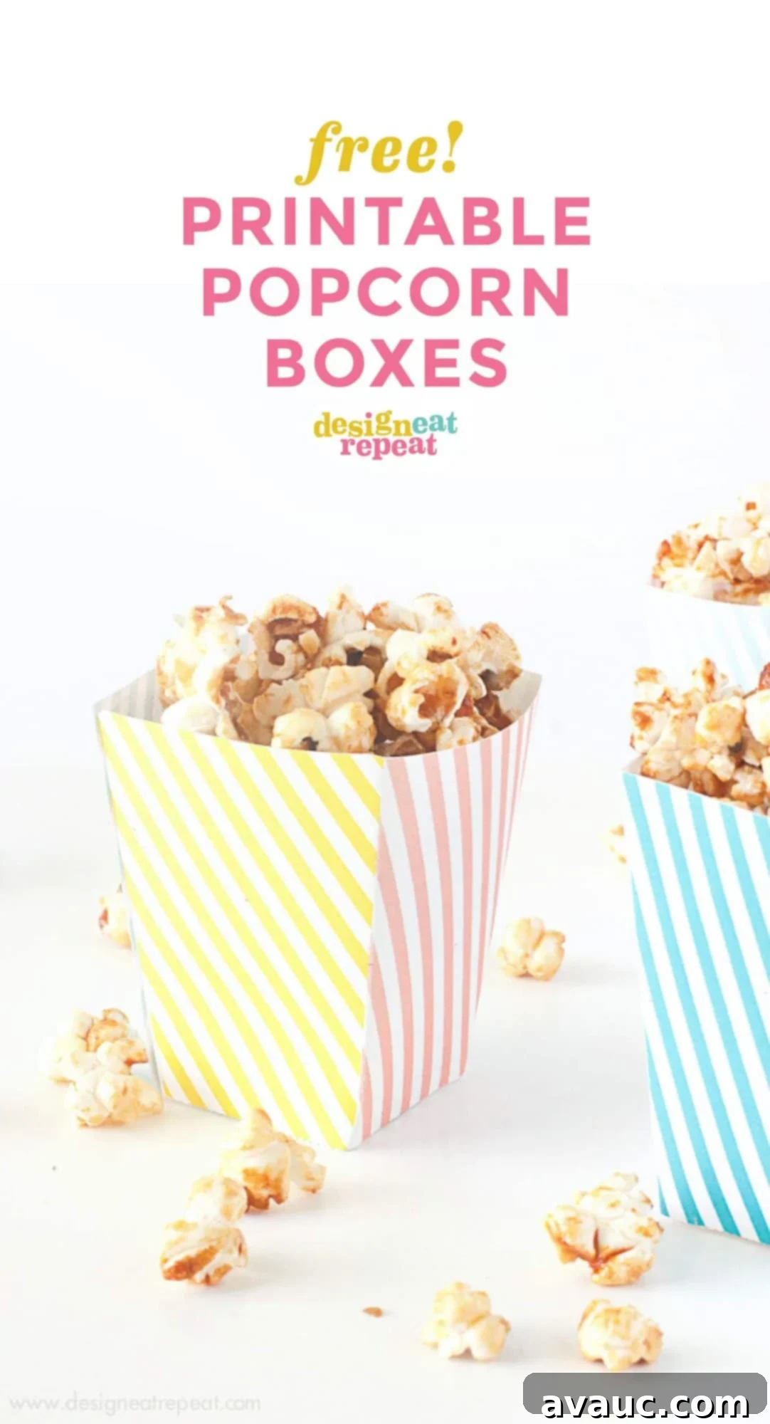 Pink, yellow, and blue striped free printable popcorn box template for birthday, circus party, baby shower.