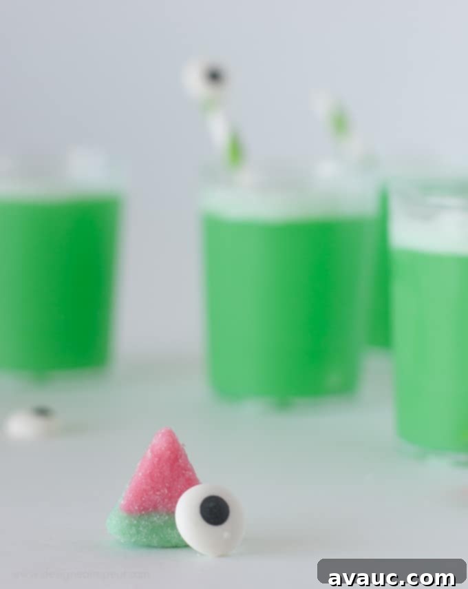 Close-up of Halloween Watermelon Punch with DIY Eyeball Drink Stirrers