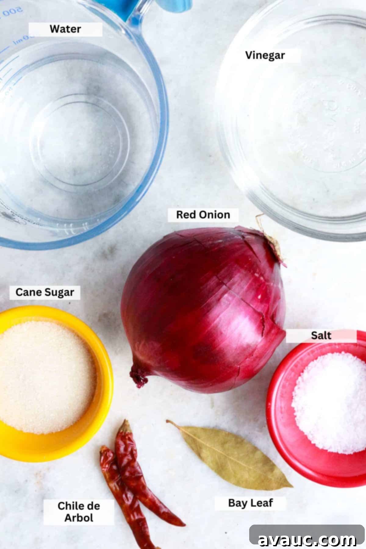 Mexican Pickled Onions 3 A collection of ingredients for Mexican pickled onions including red onion, white vinegar, water, sugar, salt, bay leaf, and chiles de arbol, neatly arranged.