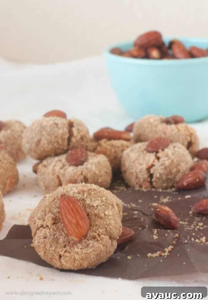 Close-up of Peanut Butter Almond Oat Yogurt Bites (Flourless, No Butter Cookies) with an almond topping