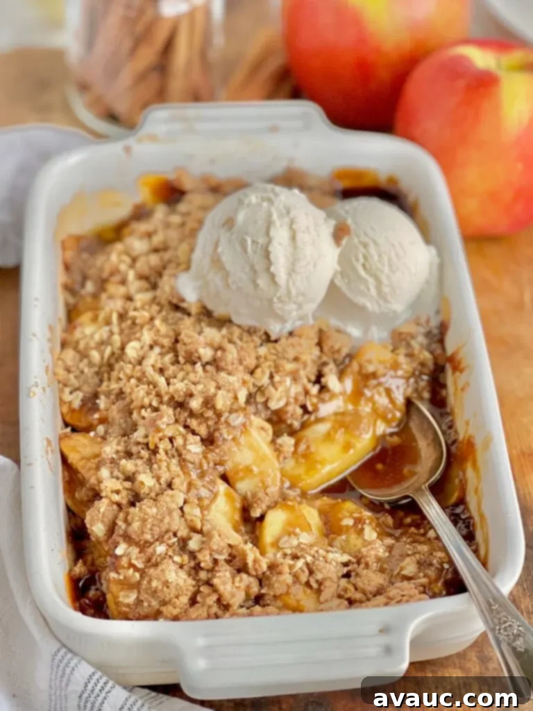 A white baking dish filled with thin apple slices topped with a buttery, brown sugar, and oat topping. On top of that is 2 scoops of dairy free ice cream starting to melt.