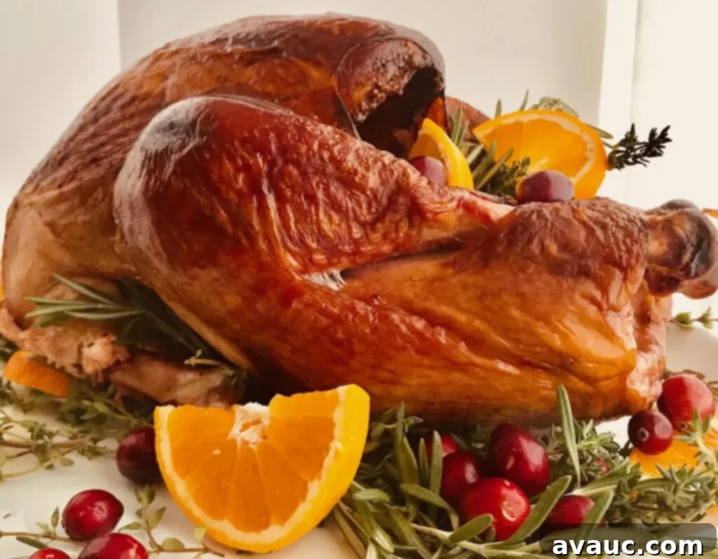 A smoked turkey on a serving platter with fresh sliced oranges, cranberries, and herbs.