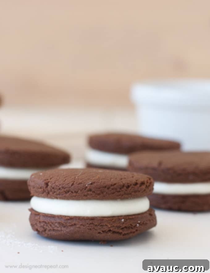 Close-up of Chocolate Sandwich Cookies with White Chocolate Filling