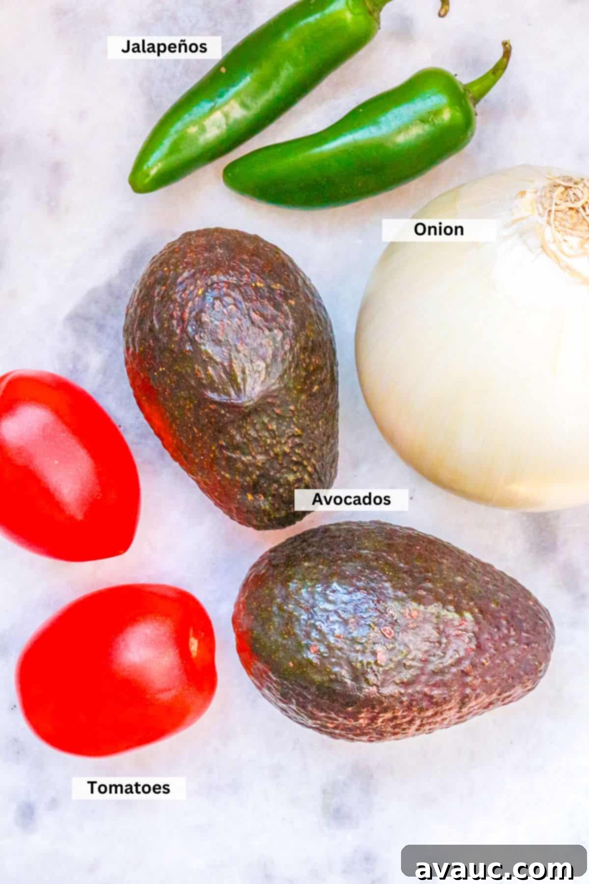 Smoky Simplicity Guacamole with Only Four Ingredients 3 Ingredients for Fire Roasted Guacamole: Jalapeños, avocados, tomatoes and a white onion