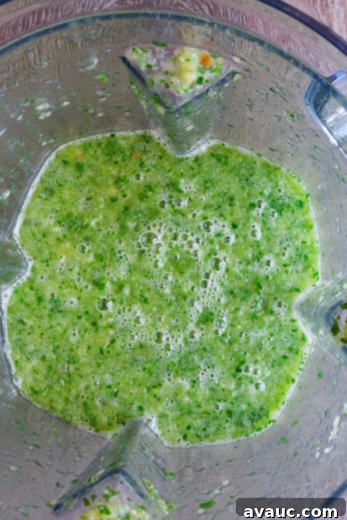 Freshly blended green aguachile sauce, vibrant and ready for assembly.