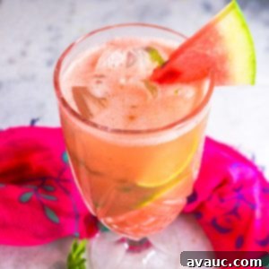 Glass with sparkling watermelon mint agua fresca and garnished with piece of watermelon