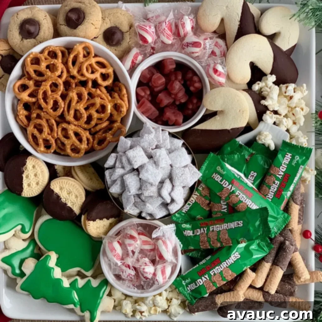 A generously sized serving platter overflowing with an exquisite assortment of holiday treats, including pretzels, puppy chow, fluffy popcorn, charming sugar cookies, vibrant peppermint candies, chewy cinnamon gummy bears, and decadent chocolate-dipped Oreos.