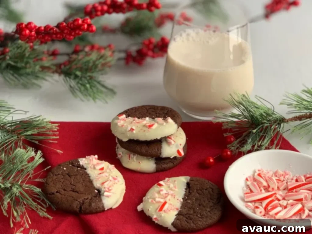 Four decadent chocolate cookies, partially dipped in melted white chocolate and generously sprinkled with crushed candy canes, artfully placed next to a refreshing glass of almond milk.