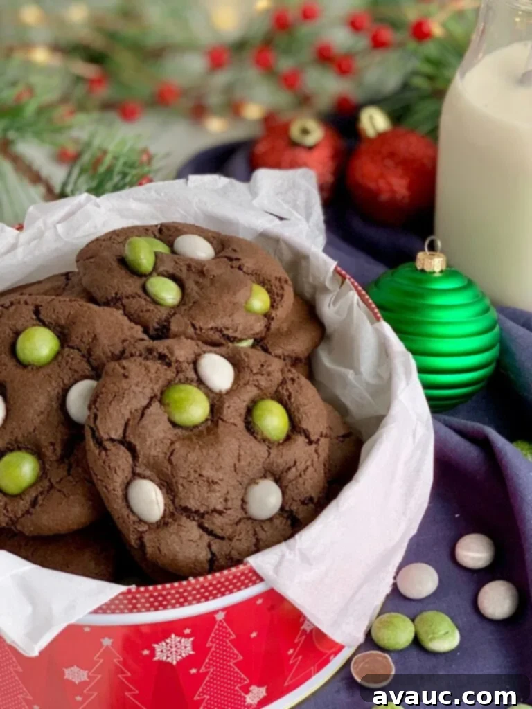 Soft chocolate cookies generously topped with festive No Whey Foods Peppermint No No's, creating a delightful holiday treat.