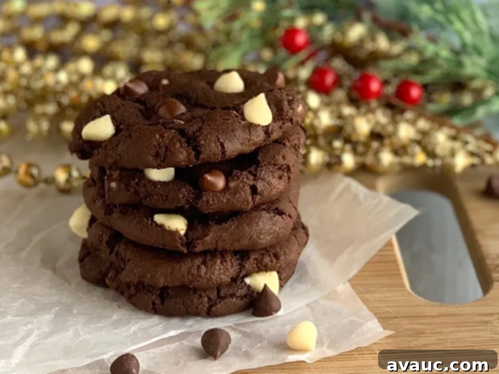Five delectable chocolate cookies, studded with a generous mix of dark chocolate and creamy white chocolate chip morsels, creating a visually appealing and delicious treat.