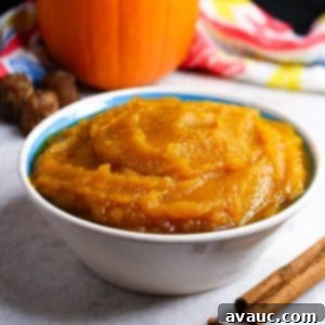 Pumpkin Empanada Filling 11 A close-up shot of a rich, golden Puré de Calabaza in a bowl, with a pumpkin and piloncillo sugar in the softly blurred background.