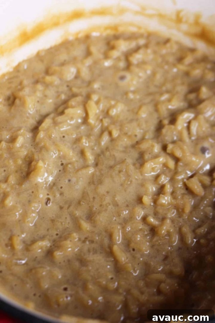 Mexican Rice Pudding 5 Creamy Arroz con Leche simmering in a pot, showing the light tan color from piloncillo and softened rice grains.