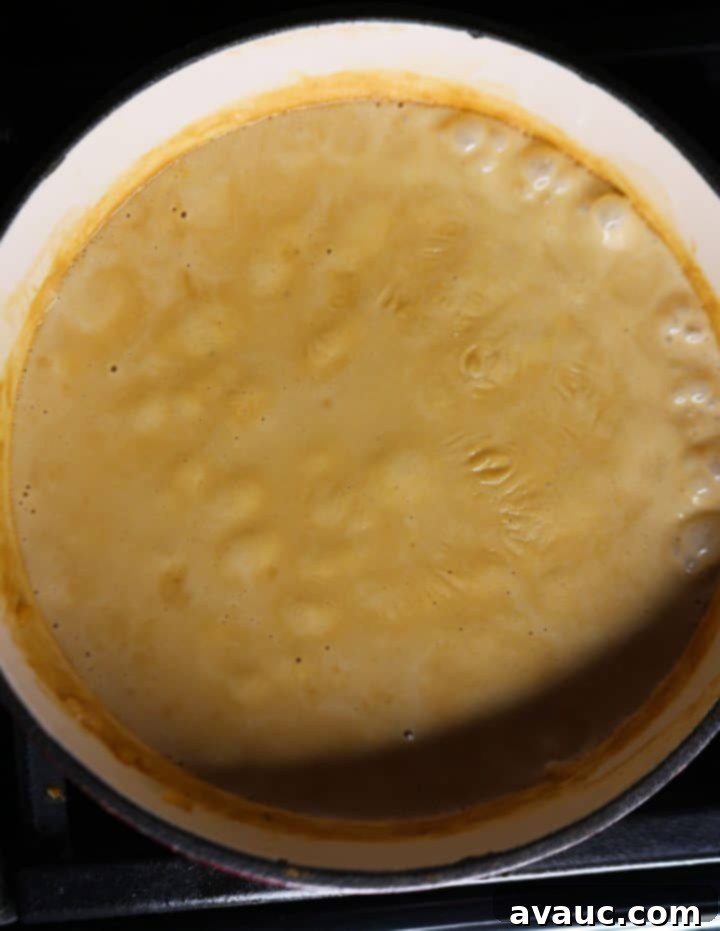 Mexican Rice Pudding 6 A delicate film of milk forming on the surface of a pot of Arroz con Leche, indicating richness and creamy texture.