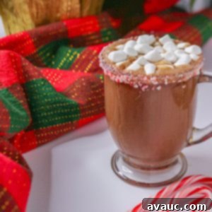 Homemade Plant-Based Peppermint Hot Chocolate 7 Rich and creamy homemade peppermint hot chocolate (dairy-free) in a glass mug garnished with crushed candy cane rim and marshmallows.