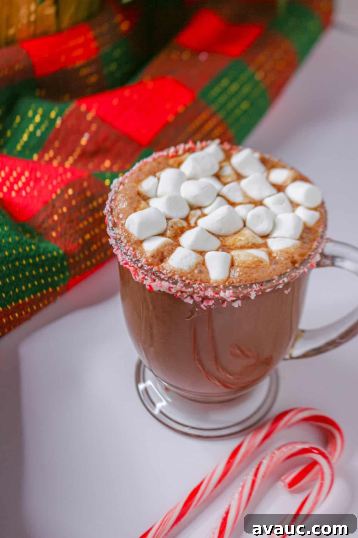 Homemade Plant-Based Peppermint Hot Chocolate 6 Rich and creamy homemade peppermint hot chocolate (dairy-free) in a glass mug garnished with crushed candy cane rim and marshmallows, a perfect vegan holiday drink.