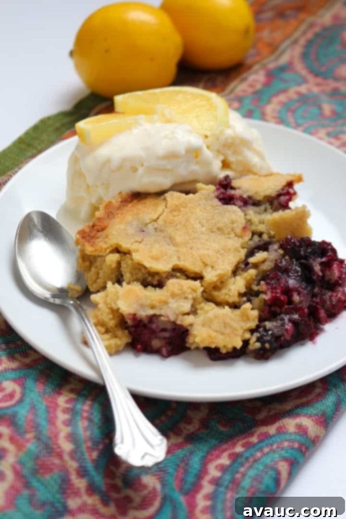 Effortless Gluten-Free Dump Cake 2 A slice of gluten-free berry cake on a white plate with ice cream and lemon slices