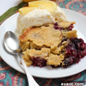 Effortless Gluten-Free Dump Cake 8 A slice of gluten-free berry cake on a white plate with ice cream and lemon slices