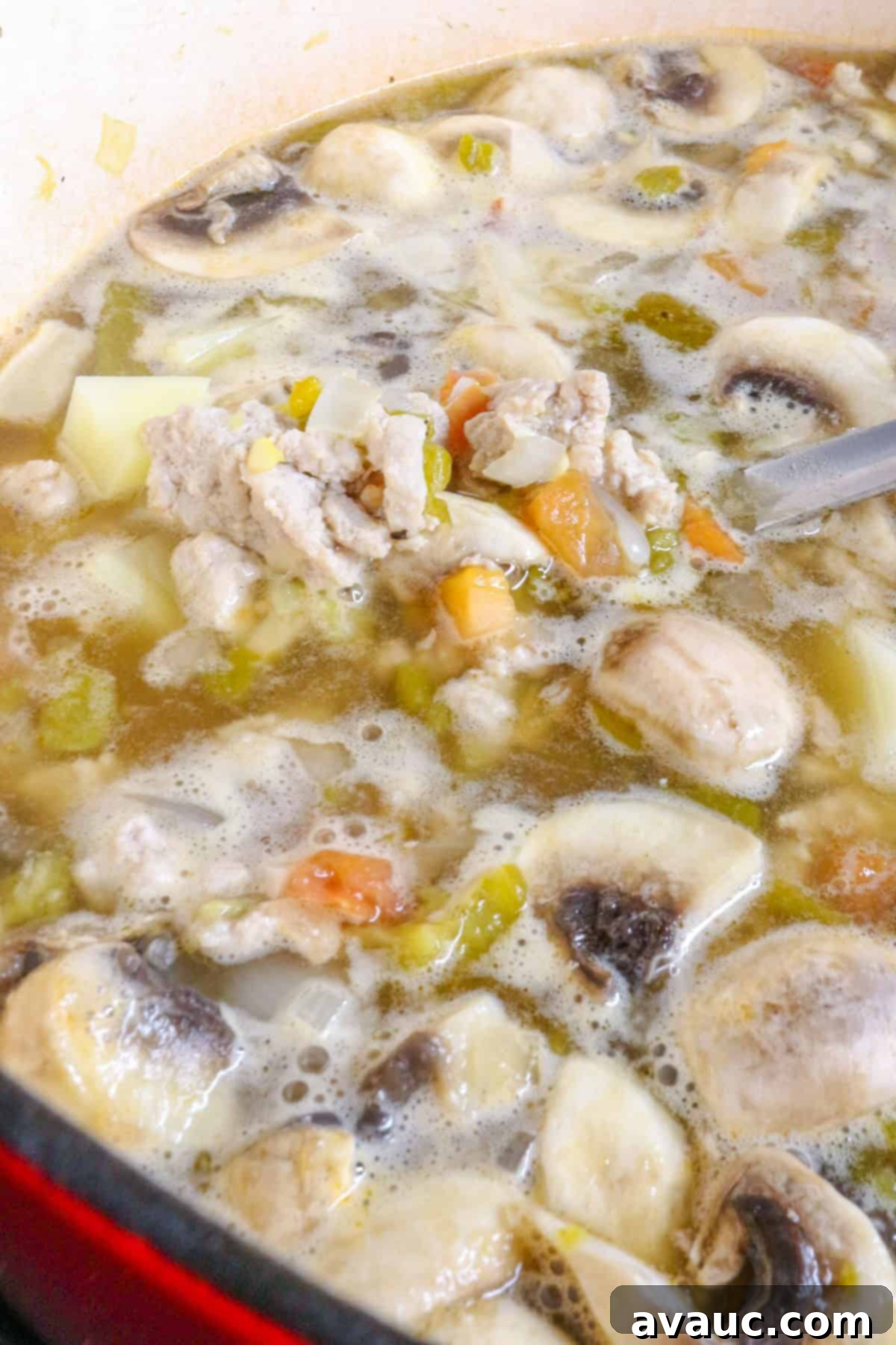 Simmering soup with mushrooms, ground turkey, chiles, and potatoes