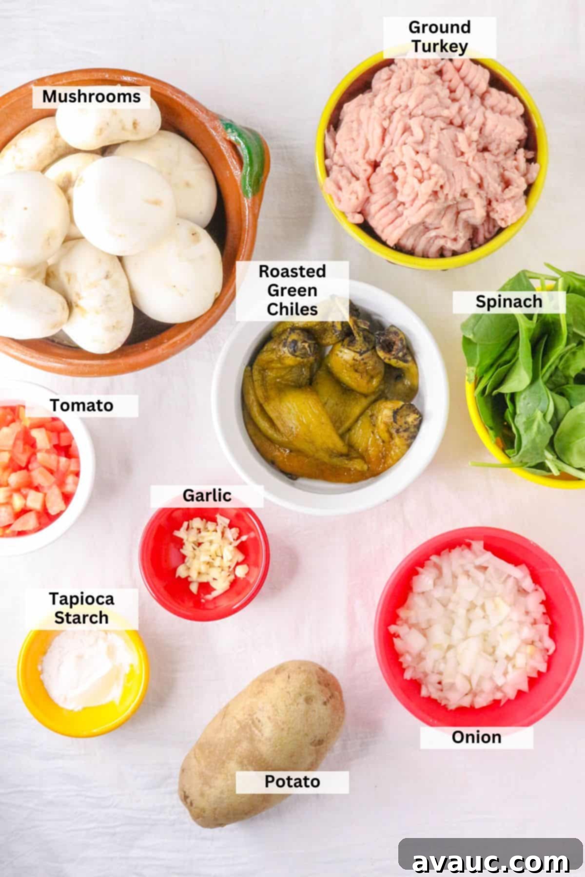 Ingredients for green chile turkey soup including mushrooms, ground turkey, roasted green chiles, spinach, onion, potato, garlic, tapioca starch, and tomato