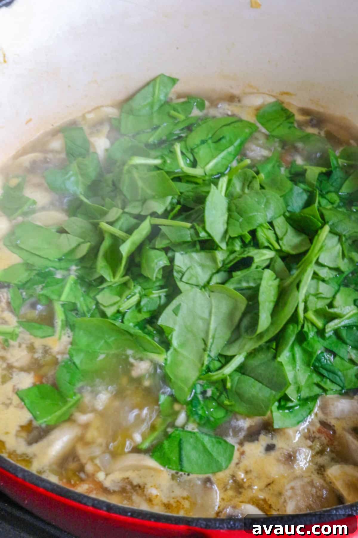 Spinach wilting in the pot with the soup ingredients
