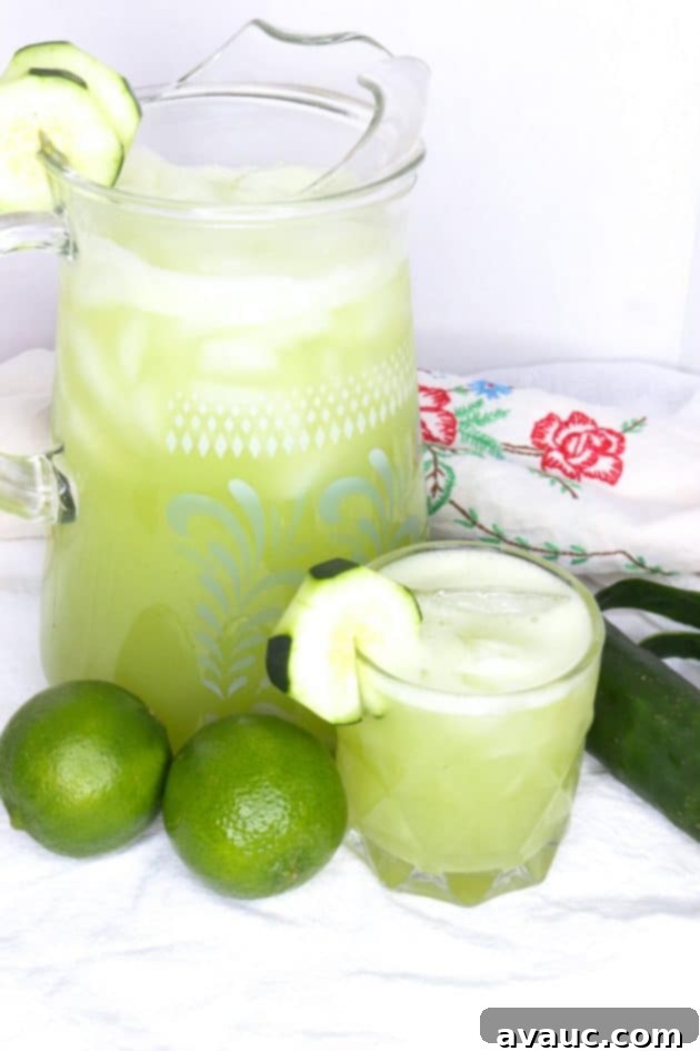 Pitcher and glass with cucumber agua fresca