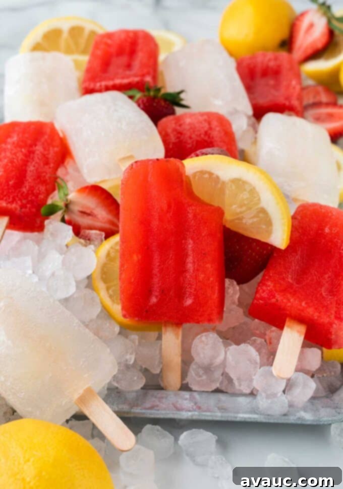 Zesty Strawberry Lemonade Pops 2 Refreshing homemade strawberry lemonade popsicles elegantly displayed on ice, perfect for summer.