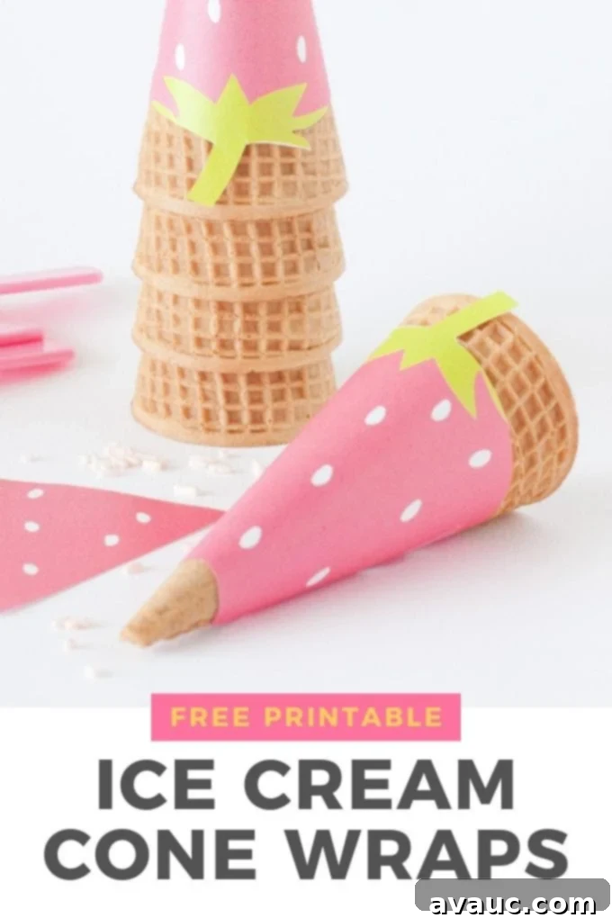 Sweet Strawberry Printable Cone Wraps 2 Printable Strawberry Ice Cream Cone Wrappers on a counter, ready for a summer party decoration.