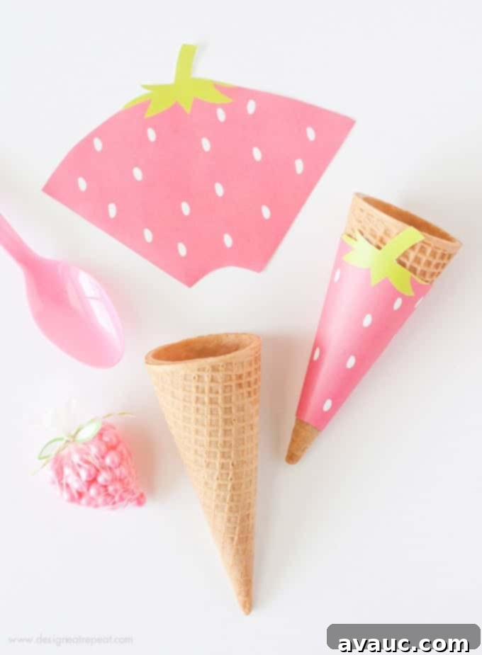 Sweet Strawberry Printable Cone Wraps 3 Free Printable Strawberry Ice Cream Cone Wrappers. Perfect addition to any summer or fruit-themed party dessert table.