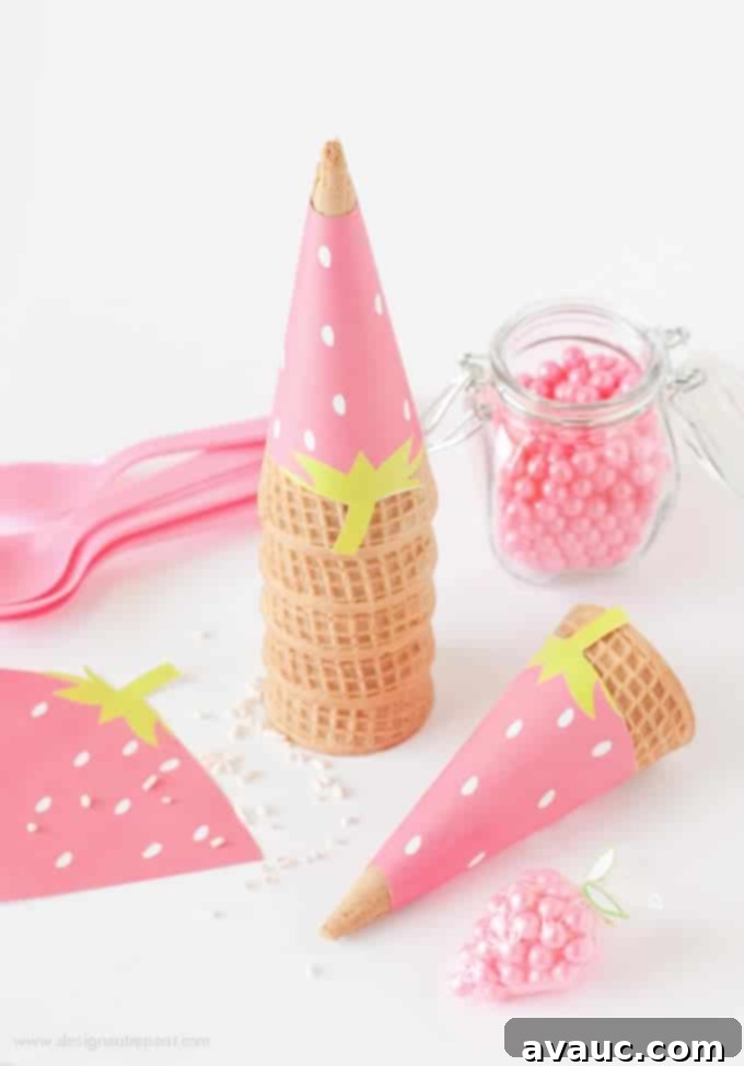 Sweet Strawberry Printable Cone Wraps 5 Free Printable Strawberry Ice Cream Cone Wrappers filled with ice cream, ready for a party.