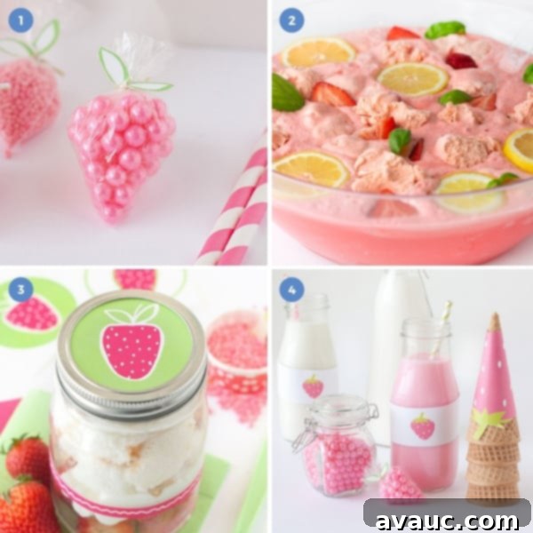 Collection of strawberry party favor ideas and a delicious strawberry sherbet punch.