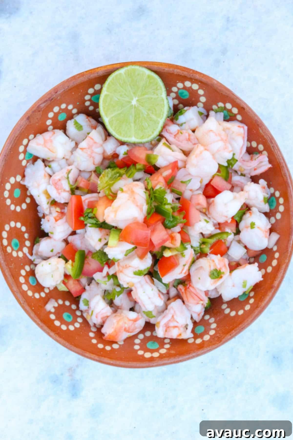 Zesty Mexican Shrimp Ceviche 2 Ceviche de Camaron (Mexican shrimp ceviche) in a brown bowl