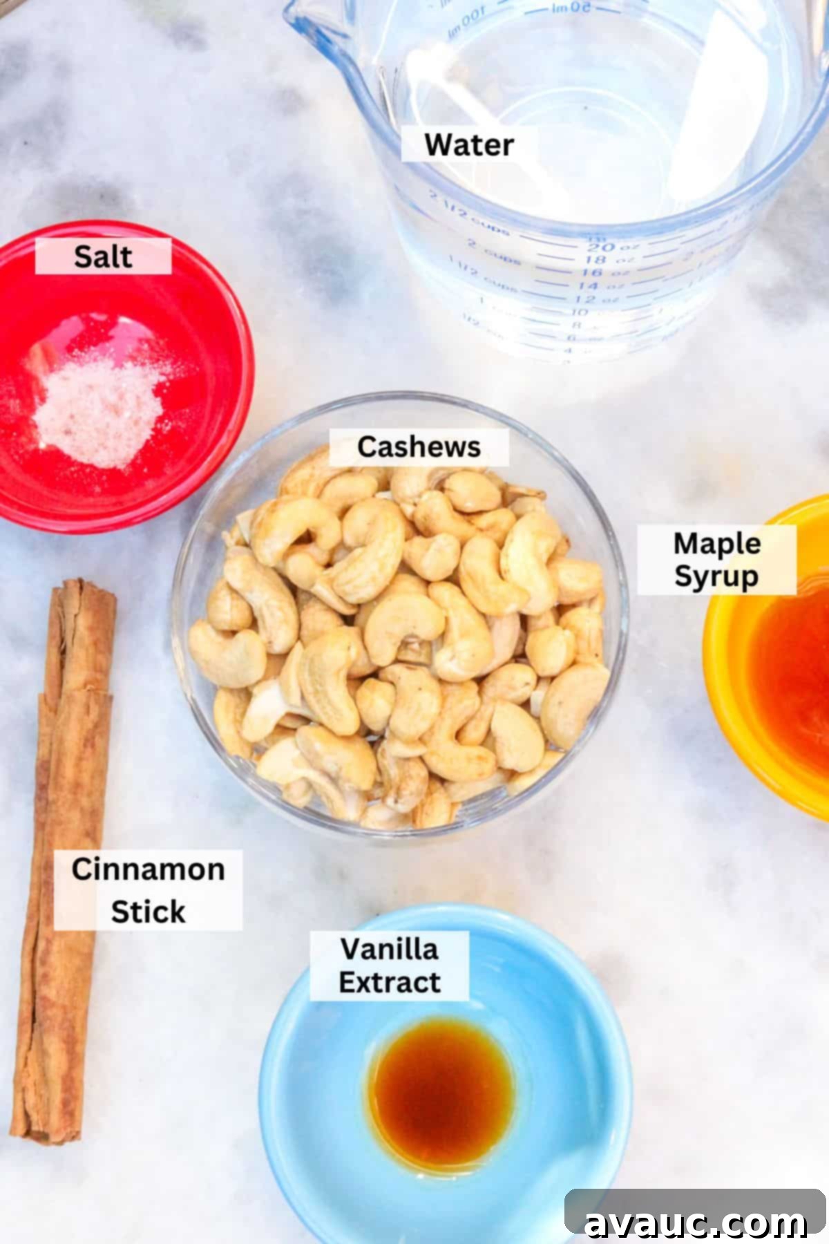 Velvet Mexican Cinnamon Cashew Cream 3 Ingredients for cashew coffee creamer: water, salt, cashews, maple syrup, cinnamon stick, vanilla extract