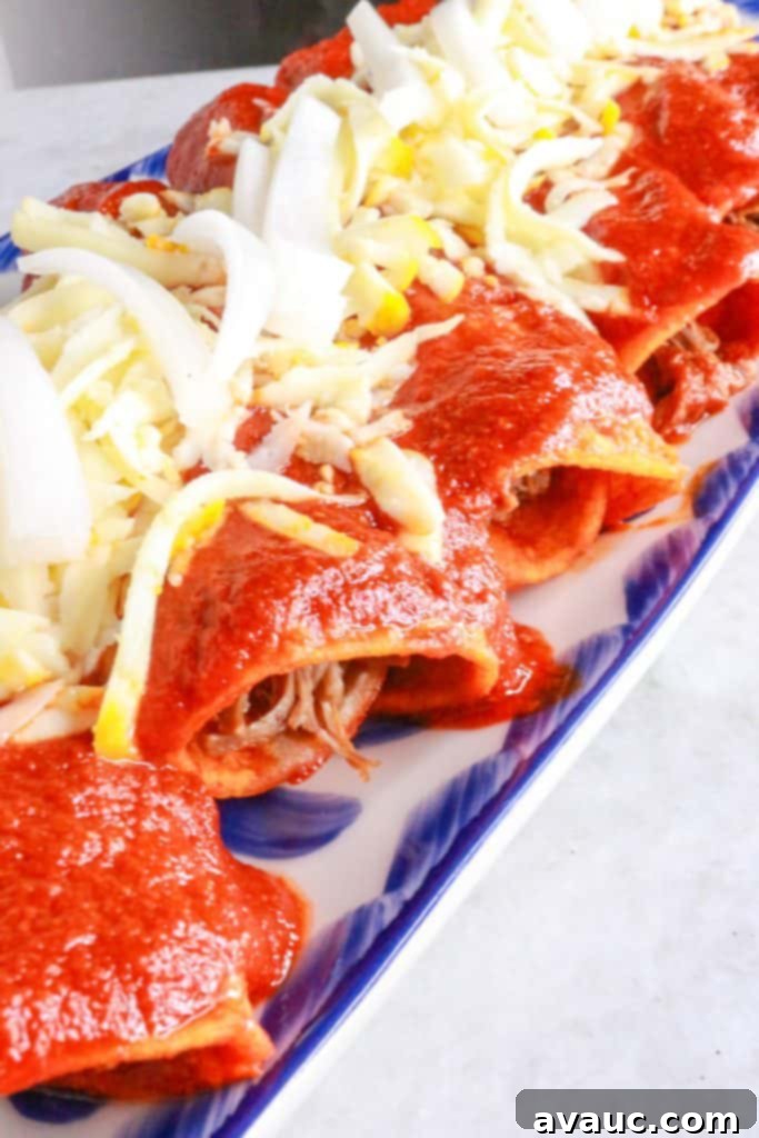 Classic Shredded Beef Enchiladas Rojas 11 A vibrant platter of freshly made Enchiladas Rojas with shredded beef, generously topped with cheese and ready to serve.
