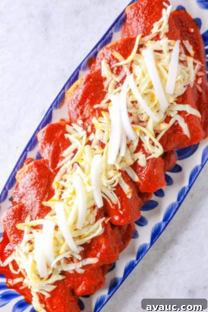 Classic Shredded Beef Enchiladas Rojas 2 Enchiladas Rojas with shredded beef on a platter, garnished with cheese and onions