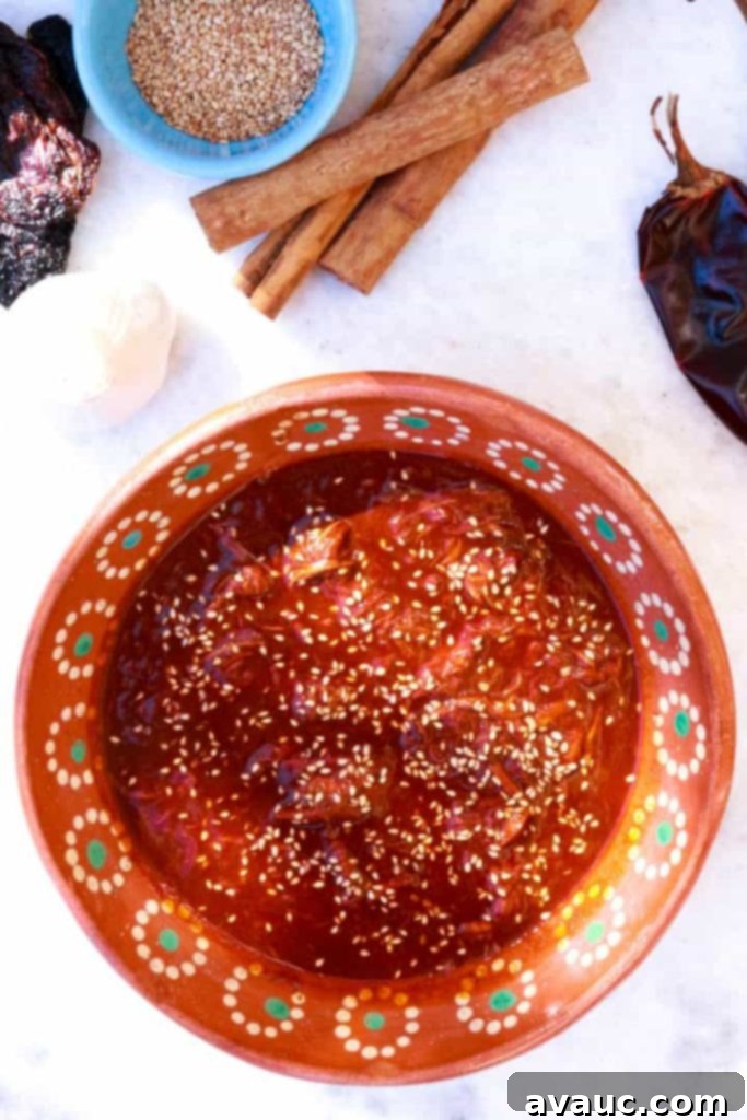 A Gluten-Free Take on Mole Poblano 2 Bowl of mole with dried chiles, cinnamon sticks, sesame seeds and garlic in the background