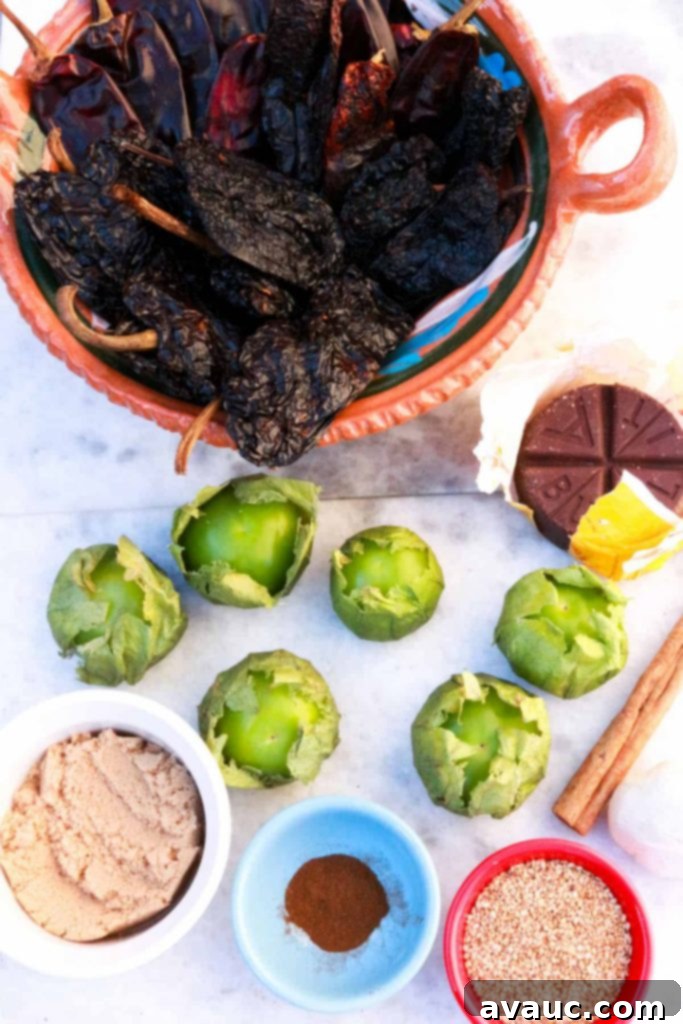A Gluten-Free Take on Mole Poblano 3 Dried chiles, tomatillos, Mexican chocolate, cinnamon stick, brown sugar, ground cloves, and sesame seeds for mole poblano