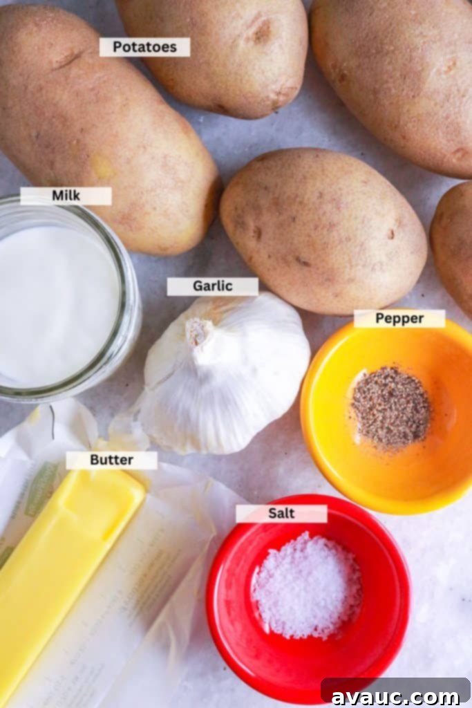 Creamy Instant Pot Garlic Mash 3 Ingredients for Instant Pot Garlic Mashed Potatoes: Potatoes, garlic, salt, pepper, milk and butter