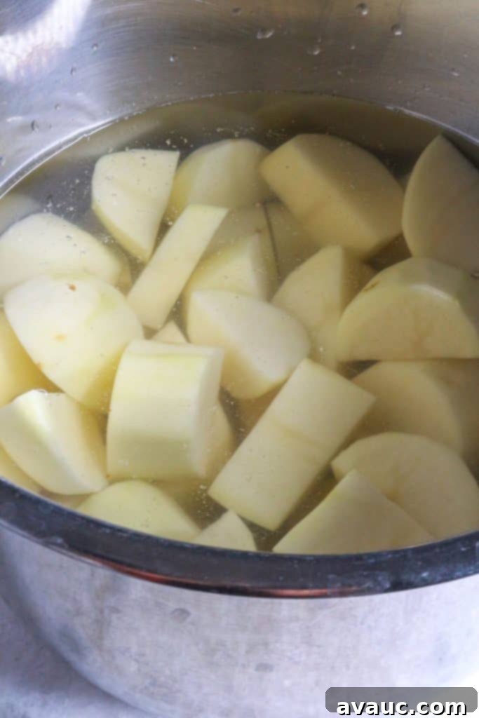 Creamy Instant Pot Garlic Mash 5 Chopped potatoes in water in an Instant Pot