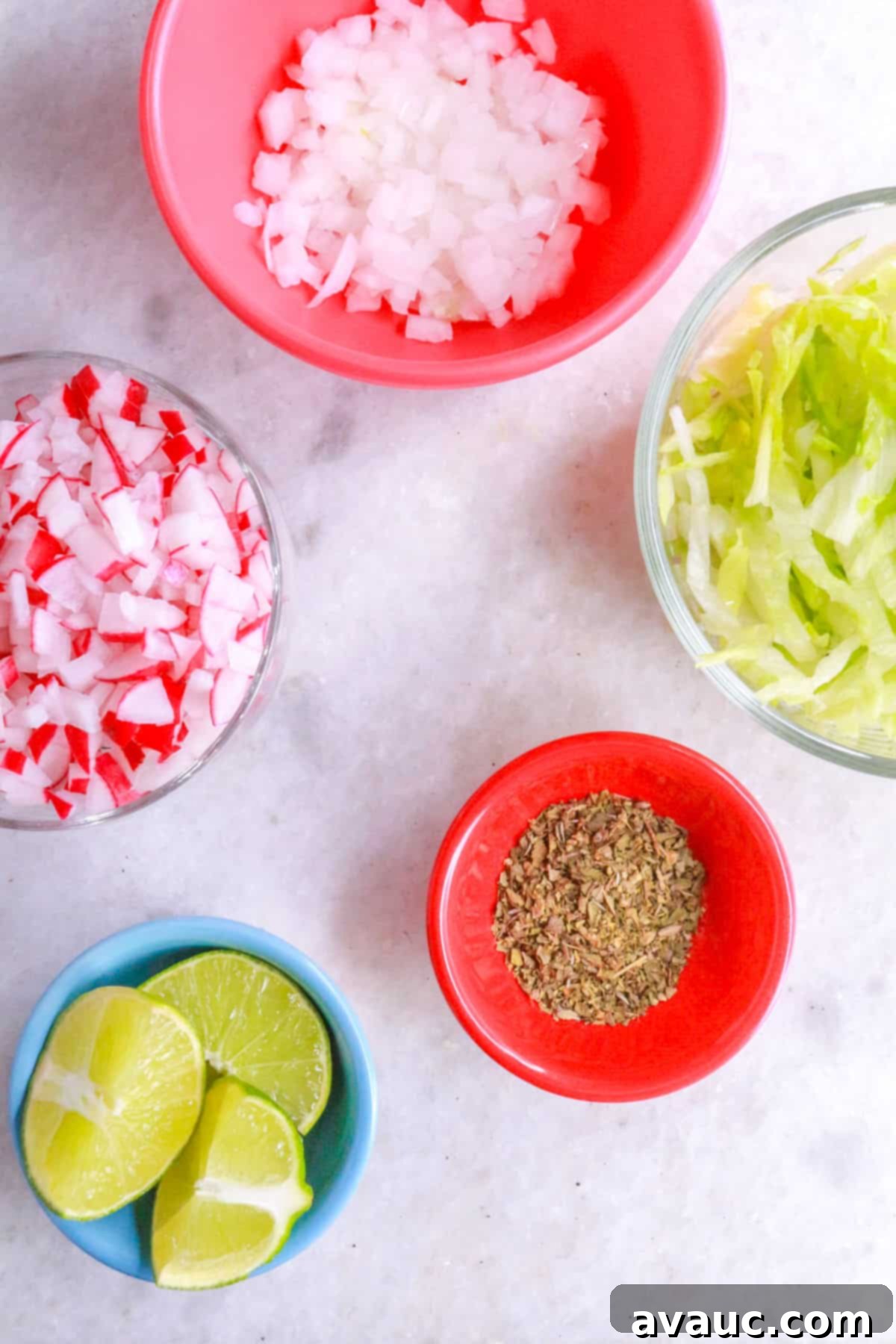 Hearty White Pozole 13 Garnishes for pozole: diced onion, diced radishes, shredded lettuce, oregano, limes