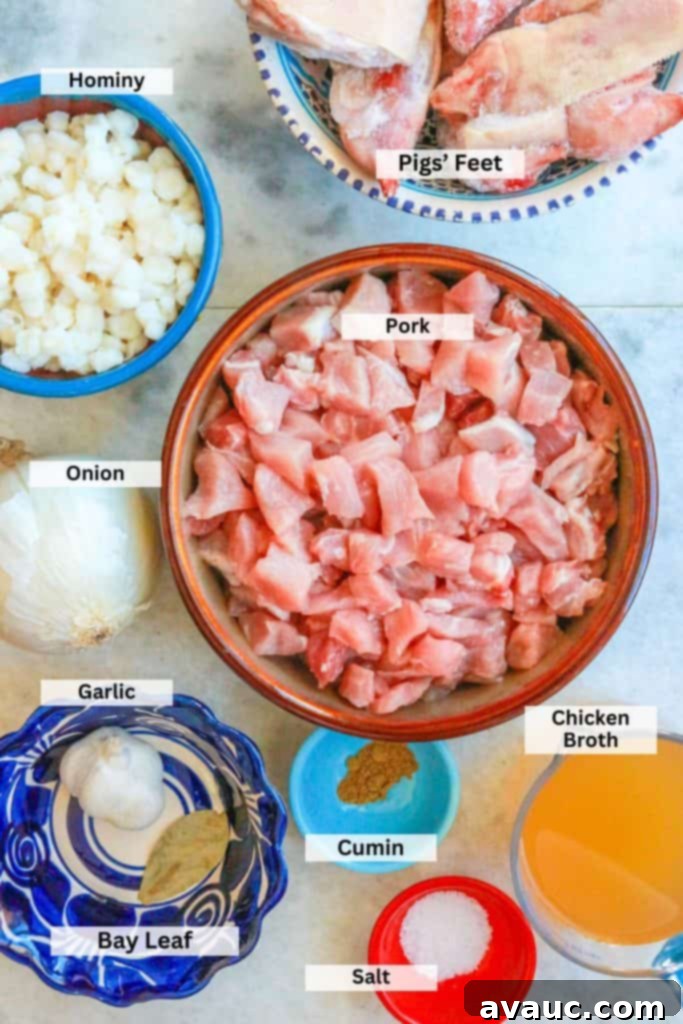 Hearty White Pozole 3 Ingredient for Pozole Blanco: pigs' feet, hominy, pork, onion, garlic, bay leaf, cumin, salt, chicken broth