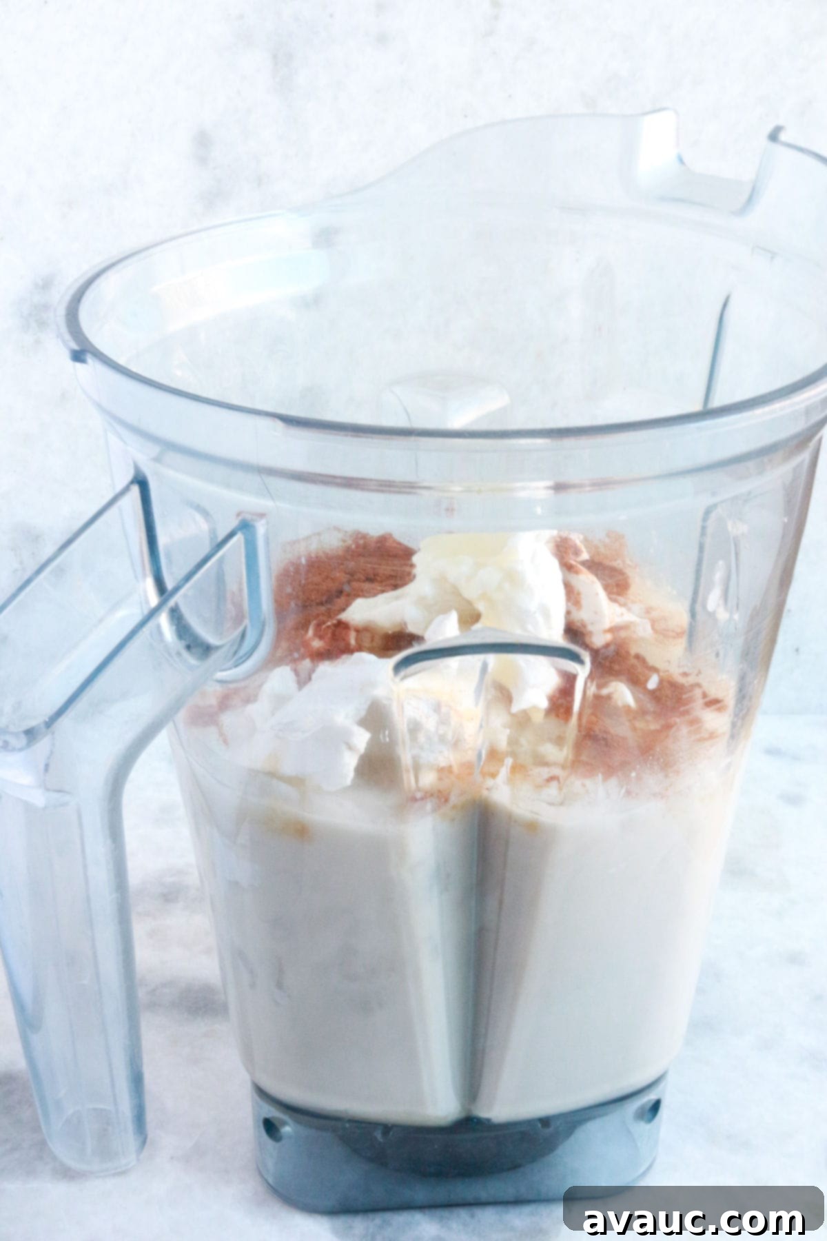 Creamy Vegan Coquito 4 A blender with coconut milk, coconut cream, cinnamon powder and other ingredients for coquito.