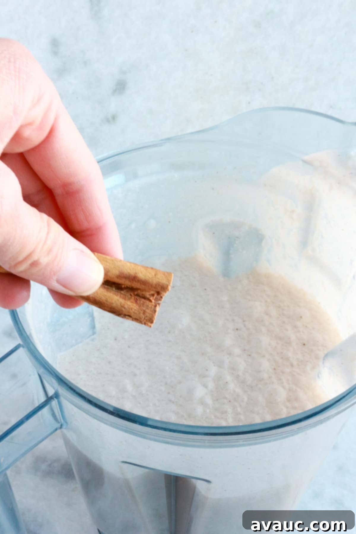 Creamy Vegan Coquito 6 A hand adding a cinnamon stick to a blender full of creamy coquito.