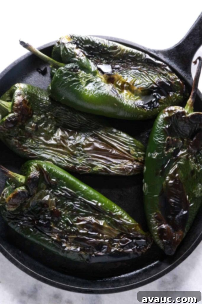 Mexican Green Spaghetti 4 Roasted poblano chiles and jalapeño on a comal, charring to perfection, a crucial first step for flavor development