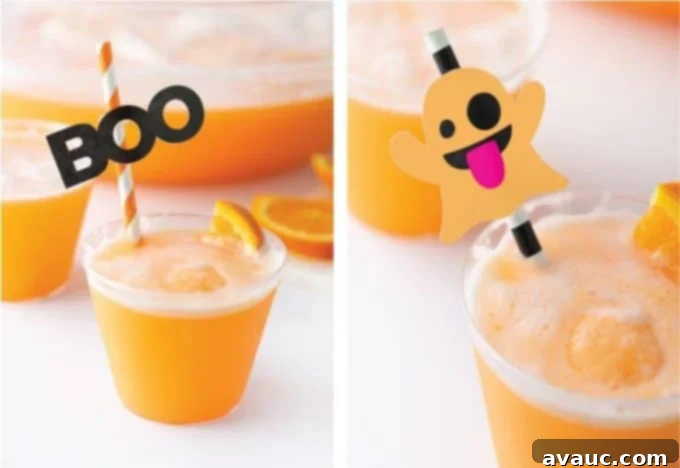 Creamy Orange Fizz 12 Orange Sherbet Punch with Halloween-themed drink toppers featuring 'BOO' and an emoji ghost.