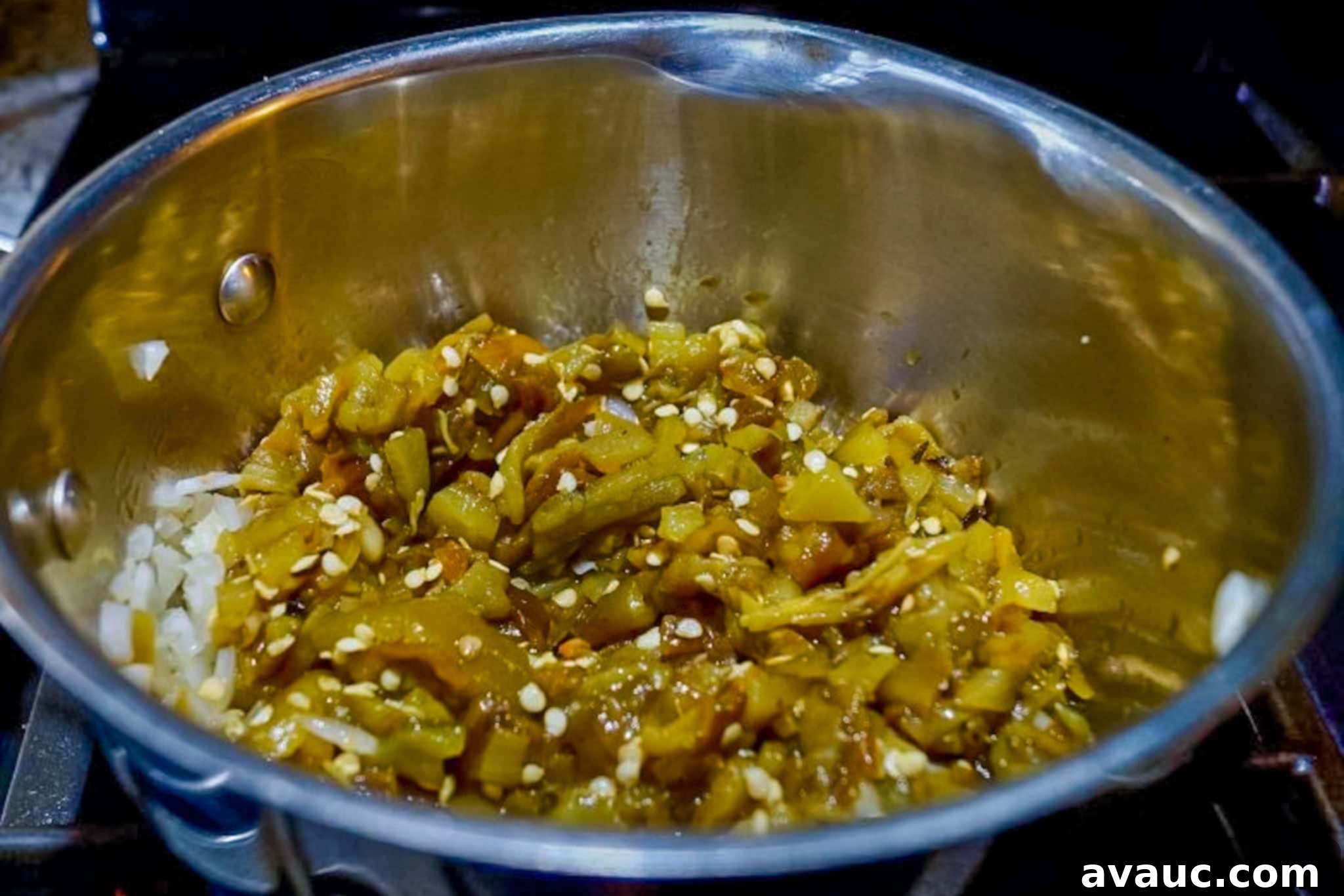 Zesty Green Chile and Melted Cheese 7 Sautéing diced green chiles in a pot