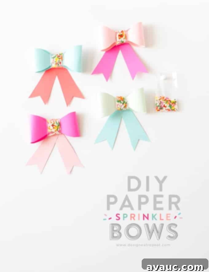 Whimsical Confetti Paper Bows 2 Use this free printable template to make these adorable DIY Paper SPRINKLE bows! Great for birthdays, holidays, or just to gift fun supplies to your favorite baker! Designed by Design Eat Repeat